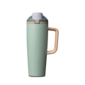 FreeSip Tumbler 30oz, sage green body with natural tan/wood-tone handle and light grey-green lid