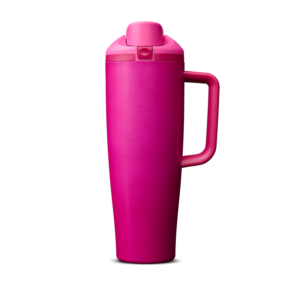FreeSip Tumbler 30oz, soft rose pink body with matching pink lid and handle