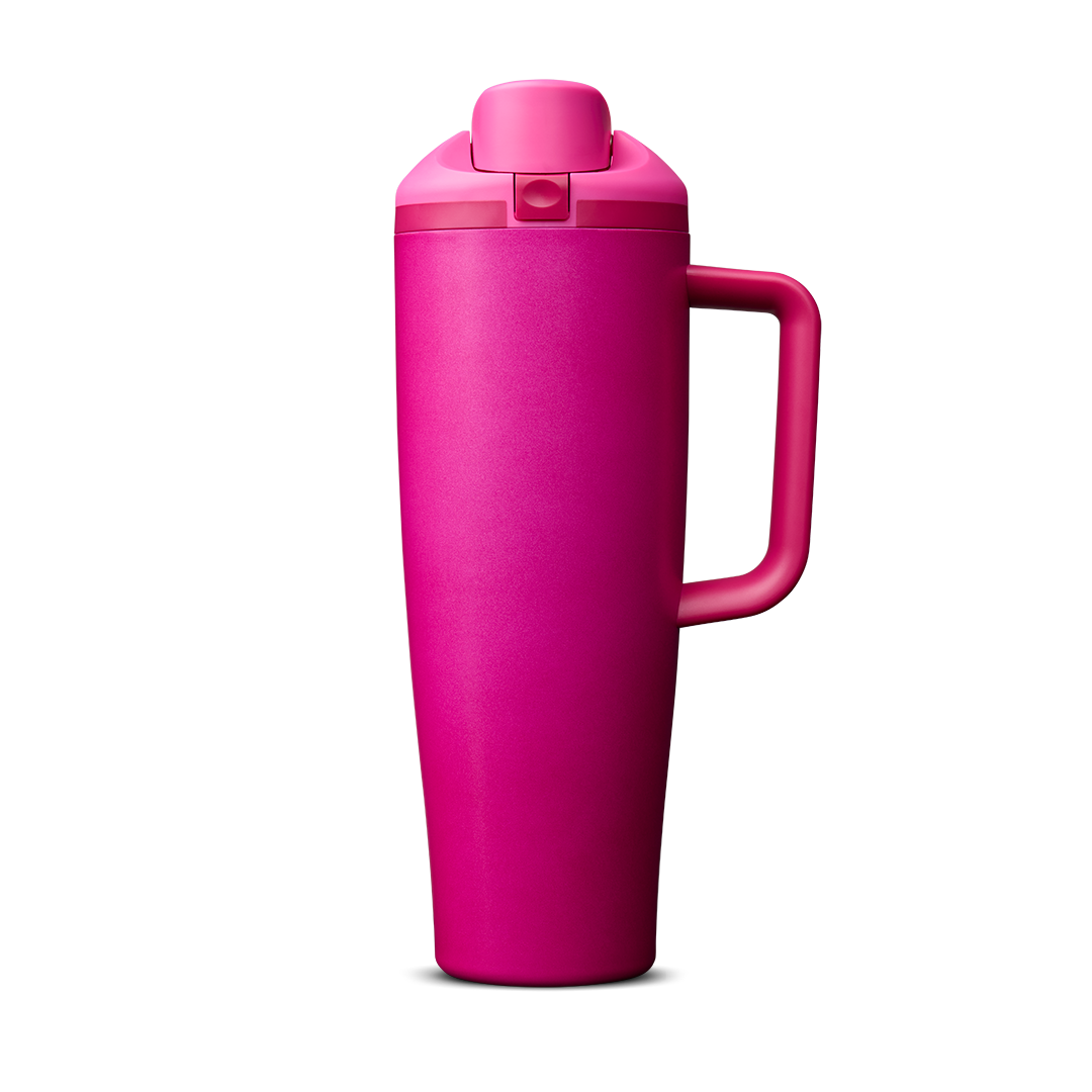 FreeSip Tumbler 30oz, soft rose pink body with matching pink lid and handle