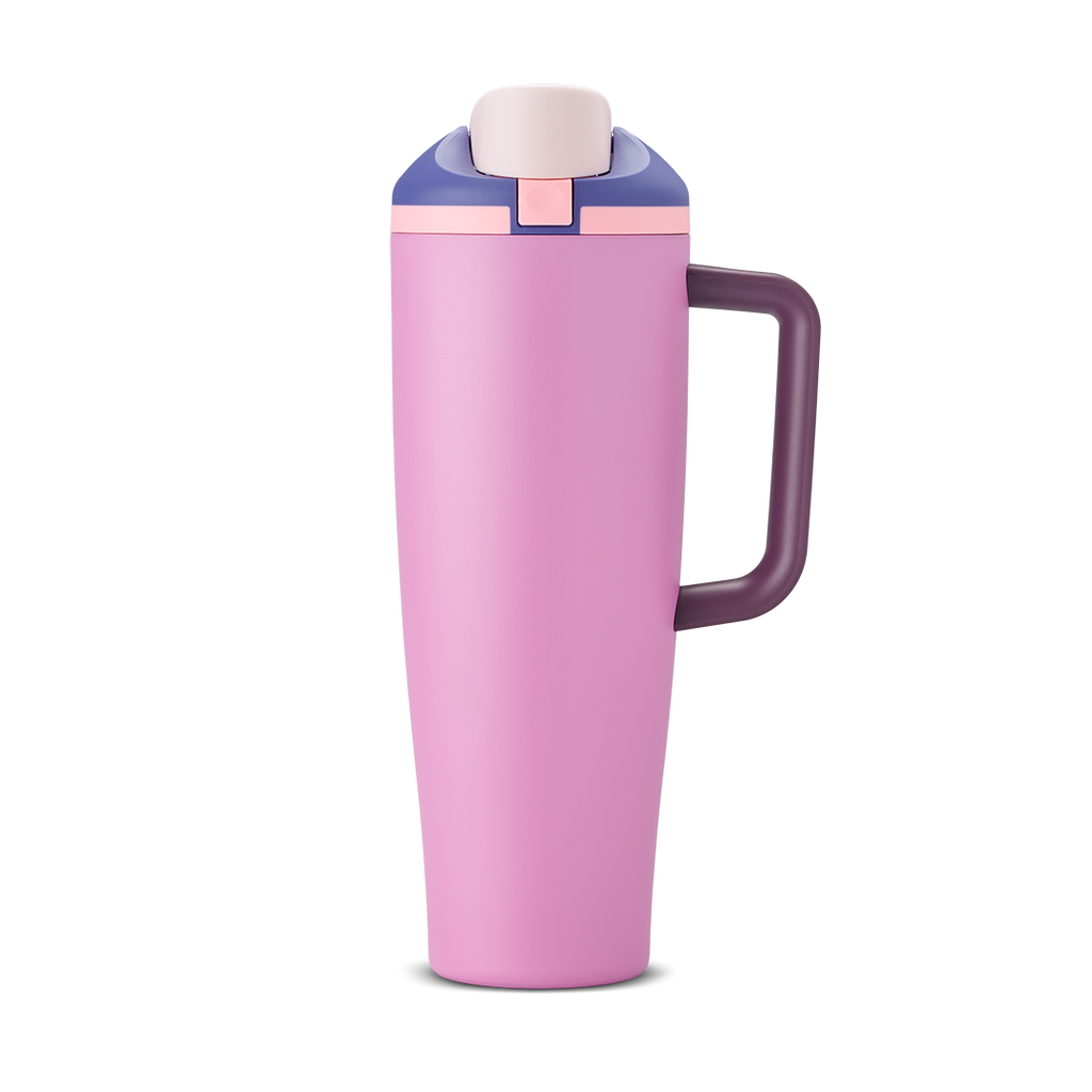 FreeSip Tumbler 30oz, soft rose pink body with matching pink lid and handle