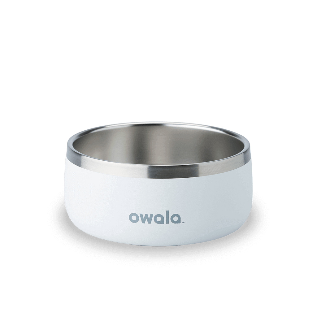 Pet Bowl 3-cup in Shy Marshmallow; matte white cup exterior with stainless steel interior rim and gray Owala logo on front